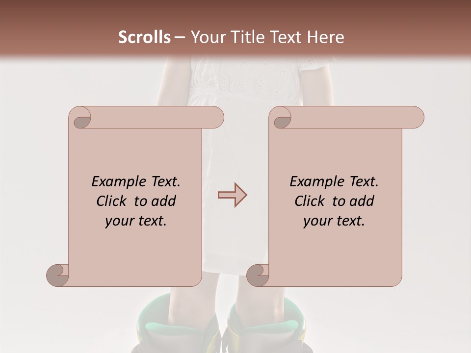 Funny Little Girl In Big Mountain Ski Boots And Short White Dress Stands On White Background PowerPoint Template