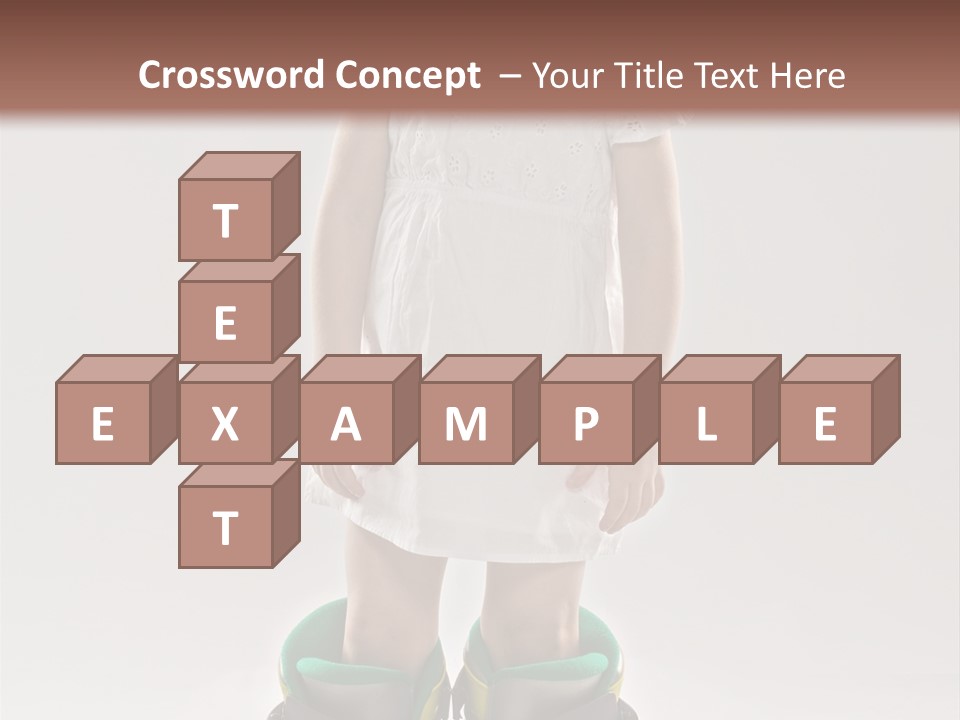 Funny Little Girl In Big Mountain Ski Boots And Short White Dress Stands On White Background PowerPoint Template