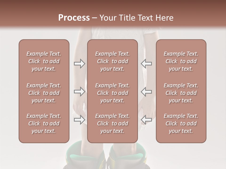 Funny Little Girl In Big Mountain Ski Boots And Short White Dress Stands On White Background PowerPoint Template