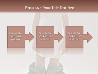 Funny Little Girl In Big Mountain Ski Boots And Short White Dress Stands On White Background PowerPoint Template