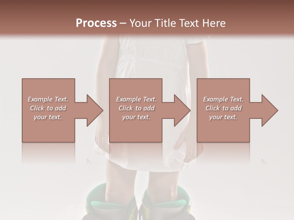 Funny Little Girl In Big Mountain Ski Boots And Short White Dress Stands On White Background PowerPoint Template