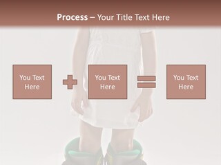 Funny Little Girl In Big Mountain Ski Boots And Short White Dress Stands On White Background PowerPoint Template