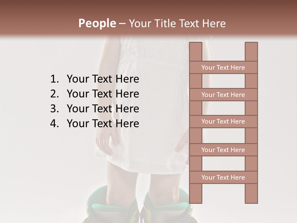 Funny Little Girl In Big Mountain Ski Boots And Short White Dress Stands On White Background PowerPoint Template