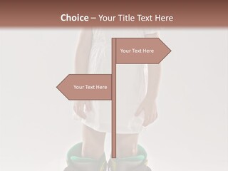 Funny Little Girl In Big Mountain Ski Boots And Short White Dress Stands On White Background PowerPoint Template