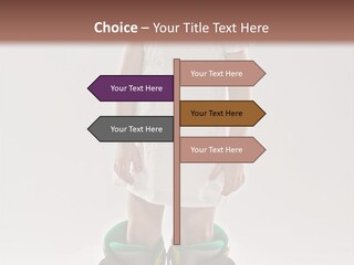 Funny Little Girl In Big Mountain Ski Boots And Short White Dress Stands On White Background PowerPoint Template