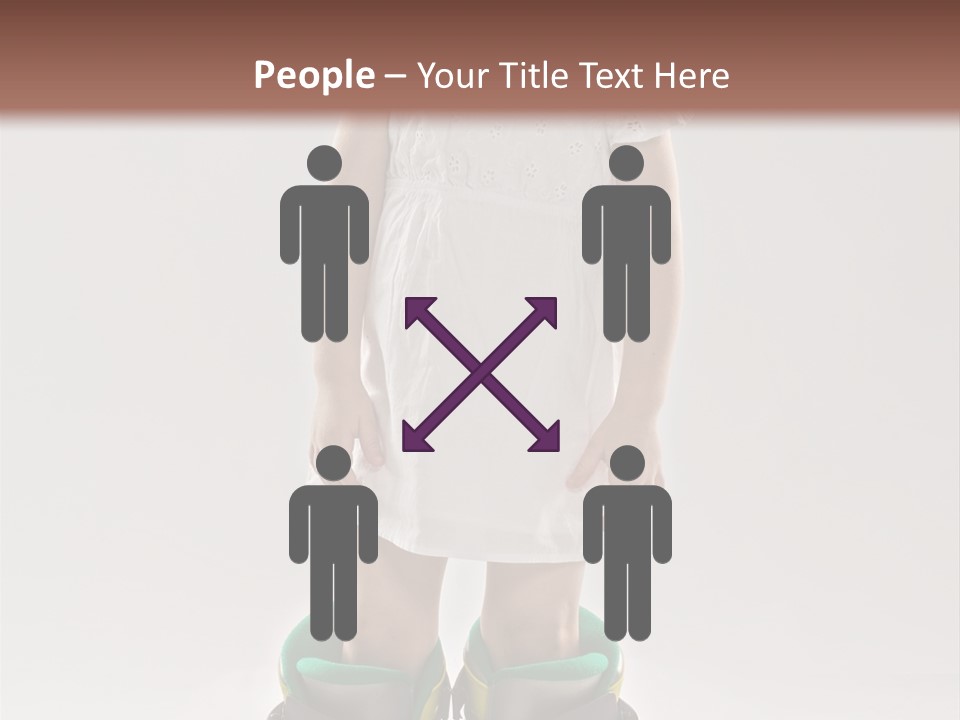 Funny Little Girl In Big Mountain Ski Boots And Short White Dress Stands On White Background PowerPoint Template