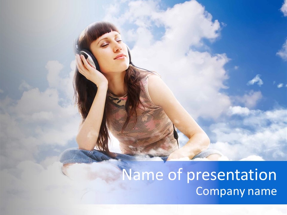 Beautiful Teenage Listening Music With Pleasure On The Clouds PowerPoint Template