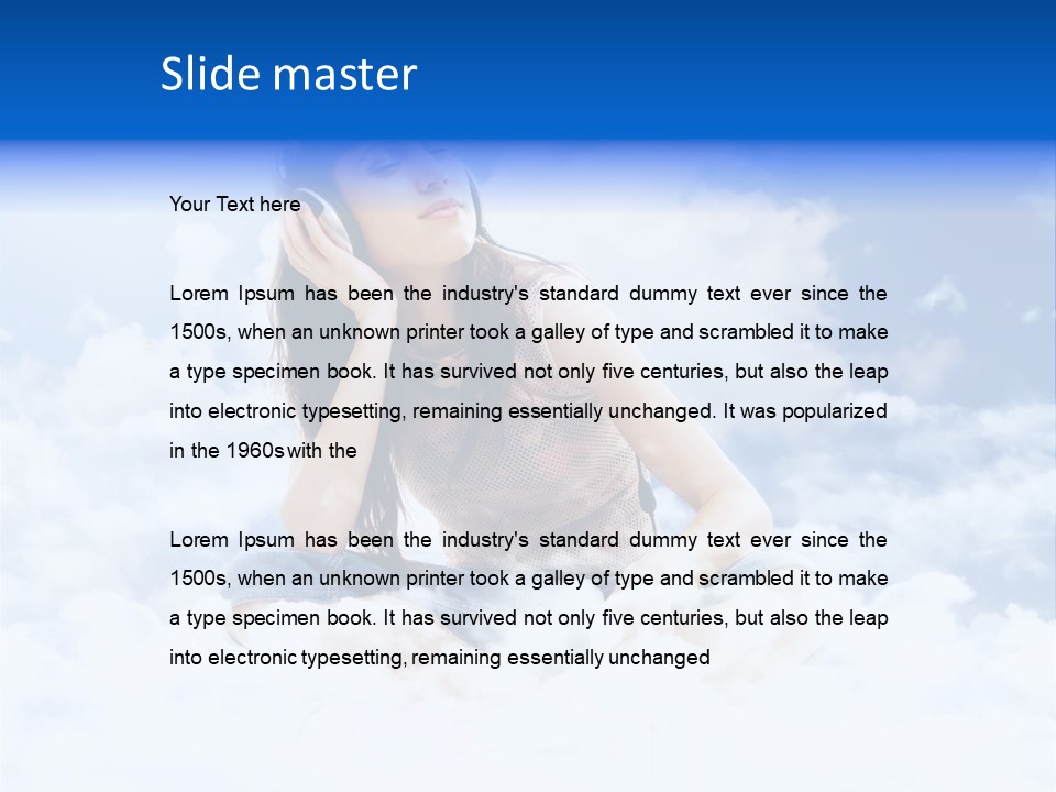 Beautiful Teenage Listening Music With Pleasure On The Clouds PowerPoint Template