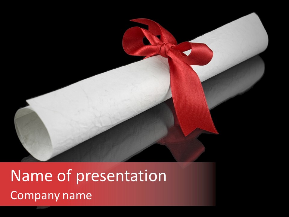 Diploma With A Red Silk Ribbon, Isolated On Black Background. PowerPoint Template