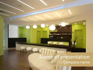 A Green And White Room With A Bar And Chairs PowerPoint Template