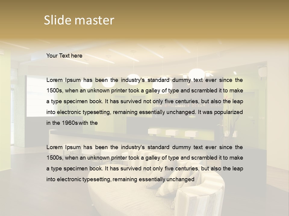 A Green And White Room With A Bar And Chairs PowerPoint Template