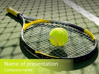 A Tennis Racket And New Tennis Ball On A Freshly Painted Tennis Court PowerPoint Template