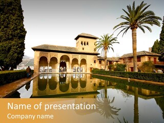 A Large Building With A Pool In Front Of It PowerPoint Template