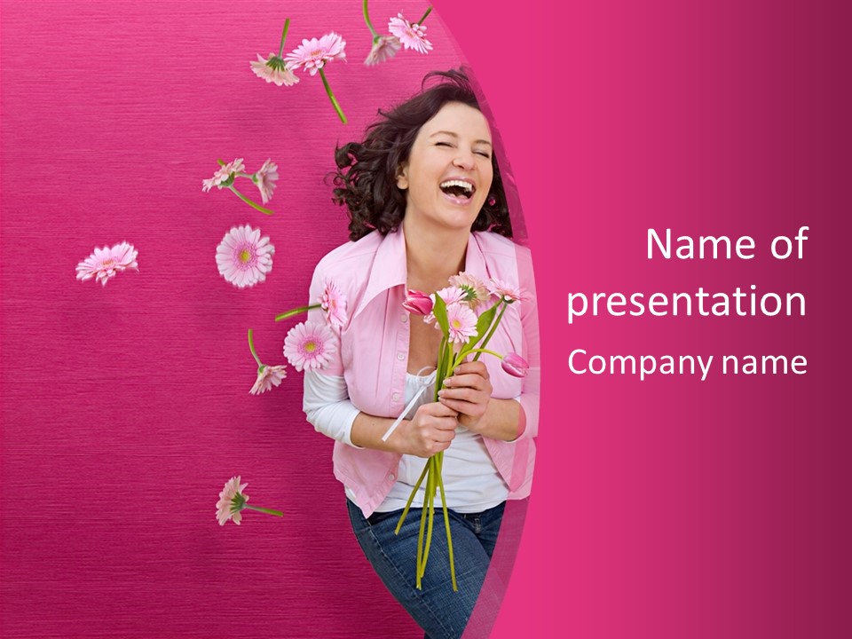 Spring Concept - Playful Girls With Flowers And Pink Wall PowerPoint Template