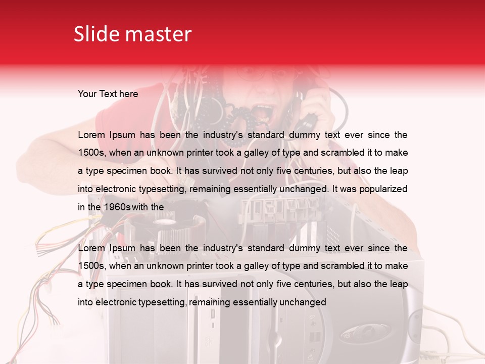 Man In Panic With His Computer Trying To Reach Technical Support PowerPoint Template