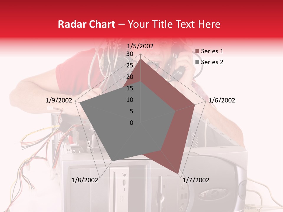 Man In Panic With His Computer Trying To Reach Technical Support PowerPoint Template