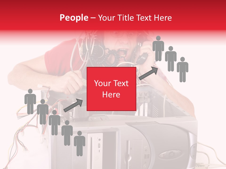 Man In Panic With His Computer Trying To Reach Technical Support PowerPoint Template