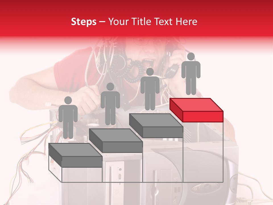 Man In Panic With His Computer Trying To Reach Technical Support PowerPoint Template