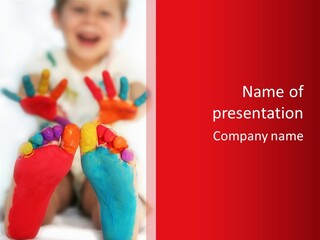 Five Year Old Boy With Feet And Hands Painted. Shallow Dof With Focus On Feet. PowerPoint Template