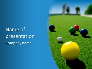 Bright Colored Bocce Balls On Brilliant Green Court. Three Players In Background. PowerPoint Template