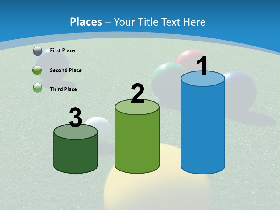 Bright Colored Bocce Balls On Brilliant Green Court. Three Players In Background. PowerPoint Template