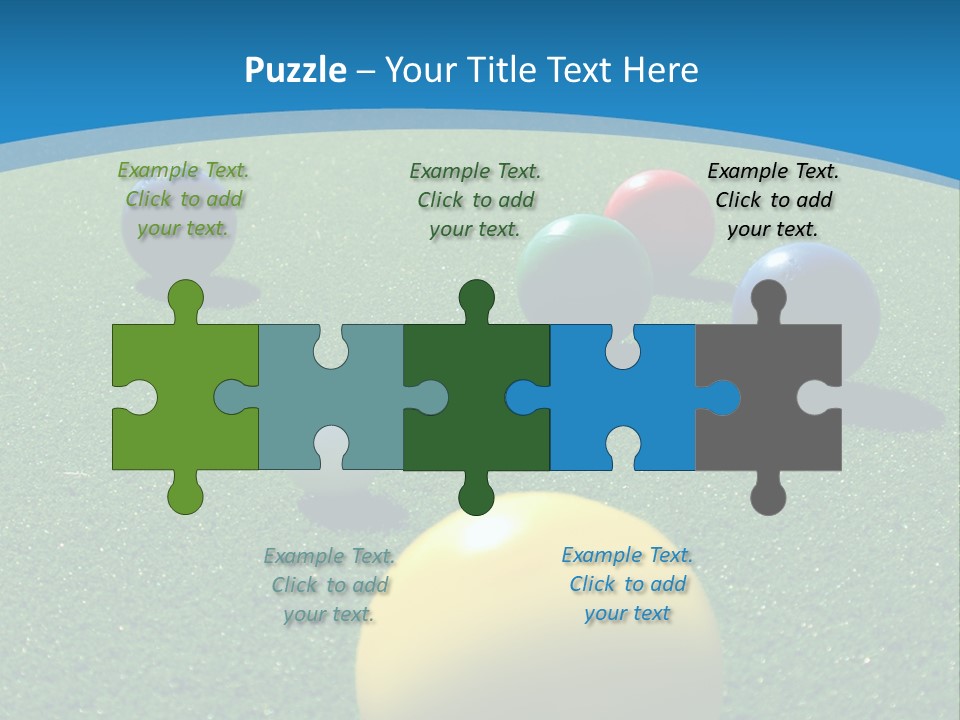Bright Colored Bocce Balls On Brilliant Green Court. Three Players In Background. PowerPoint Template
