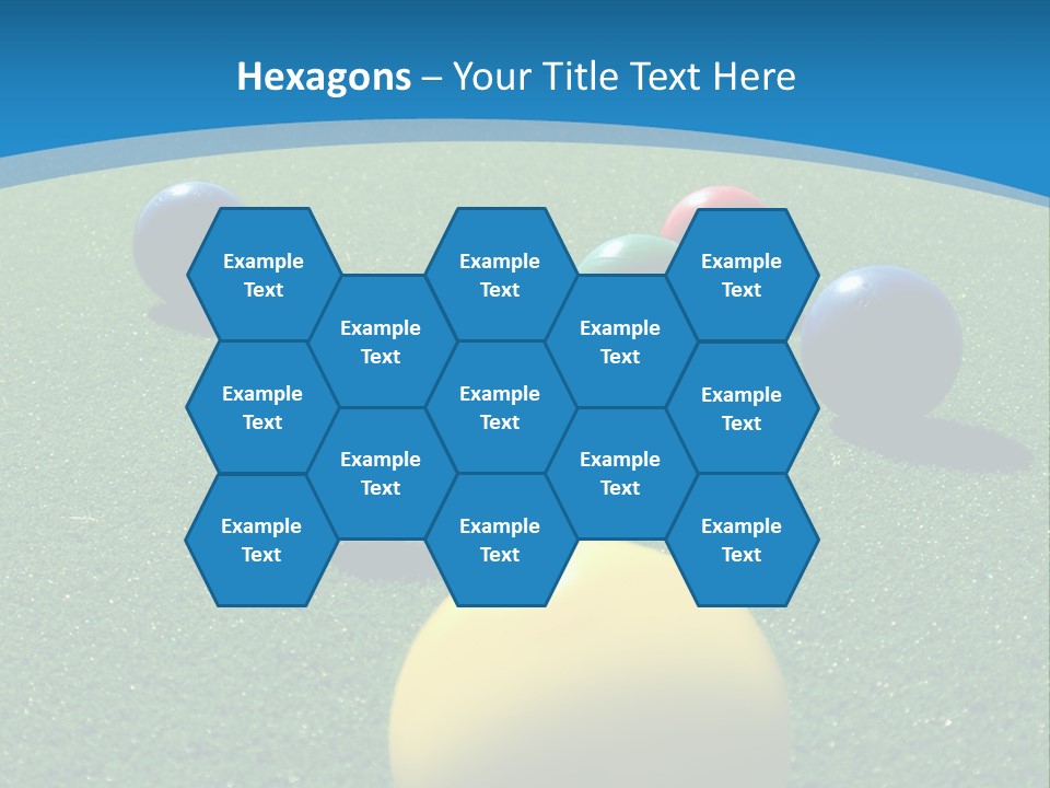 Bright Colored Bocce Balls On Brilliant Green Court. Three Players In Background. PowerPoint Template