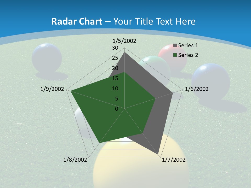Bright Colored Bocce Balls On Brilliant Green Court. Three Players In Background. PowerPoint Template