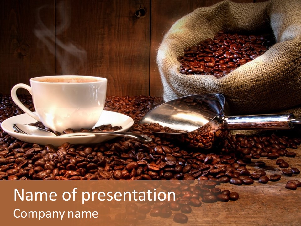 Coffee Cup With Burlap Sack Of Roasted Beans On Rustic Table PowerPoint Template