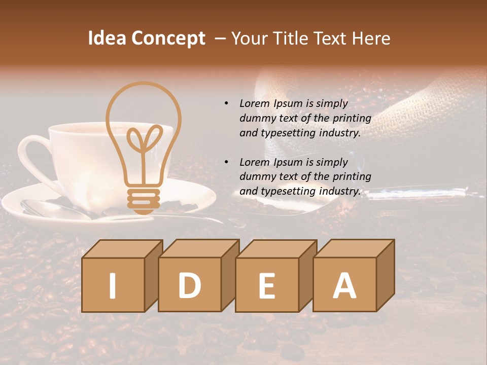 Coffee Cup With Burlap Sack Of Roasted Beans On Rustic Table PowerPoint Template