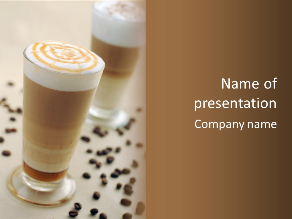 Two Glasses Of Coffee On A Table With Coffee Beans PowerPoint Template