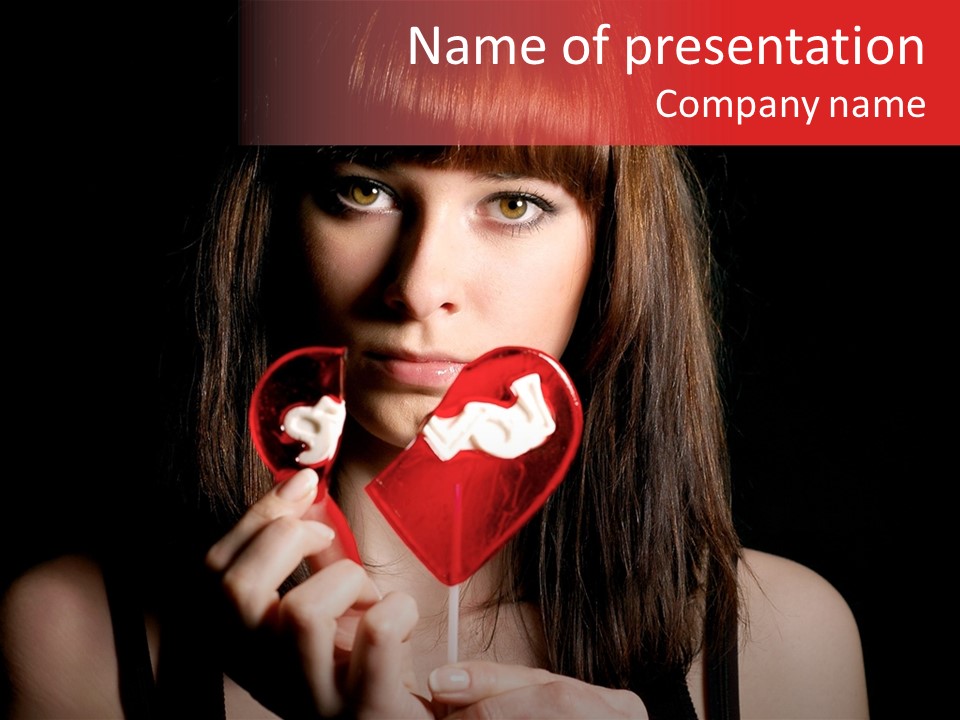 Nice Girl With A Broken Sweet In Form Of A Heart PowerPoint Template