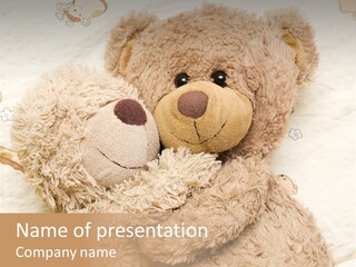 A Teddy Bear Hugging Another Teddy Bear On A Bed PowerPoint Template
