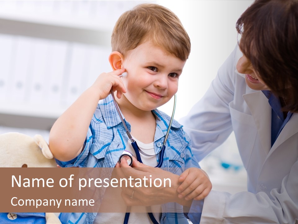 Senior Female Doctor Examining Happy Child, Smiling. PowerPoint Template