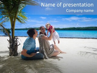 Family Vacation. Young Family Of Three On Vacation. Taken With Wide Angle Lens. PowerPoint Template