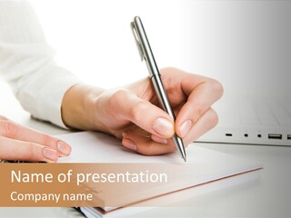 Close-Up Of Human Hand Before Writing Down Business Plan On Page Of Notepad PowerPoint Template