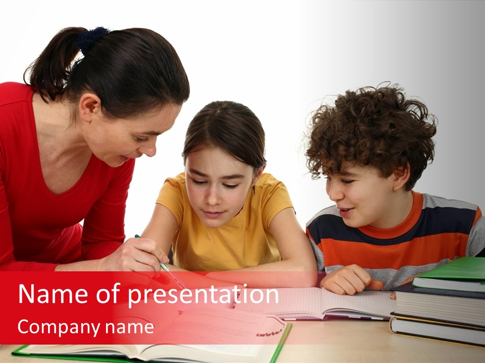 Mother Helping Her Kids Do Homework Isolated On White Background PowerPoint Template