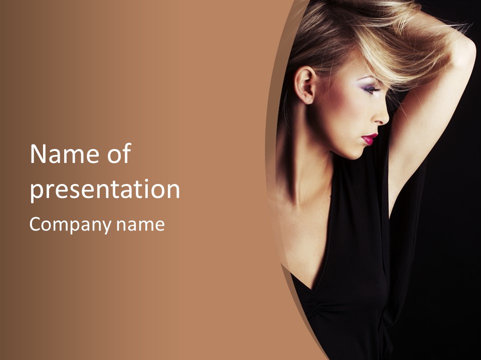 A Woman In A Black Dress Is Holding Her Hair PowerPoint Template