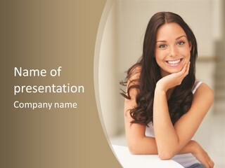 A Woman Sitting On A Table With Her Hand On Her Chin PowerPoint Template