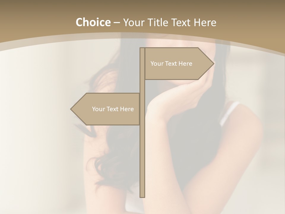 A Woman Sitting On A Table With Her Hand On Her Chin PowerPoint Template