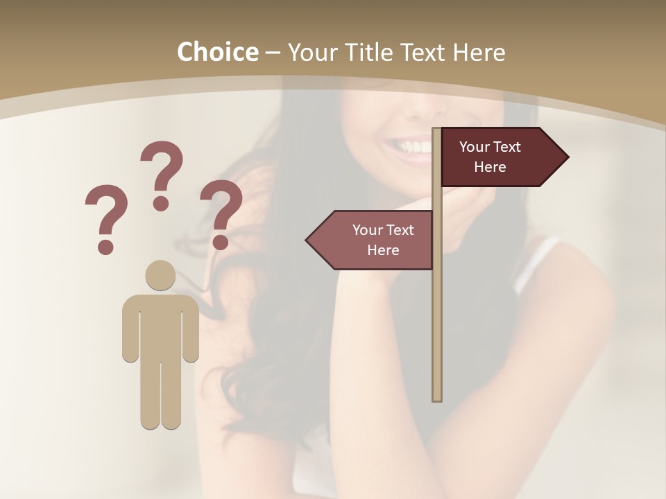 A Woman Sitting On A Table With Her Hand On Her Chin PowerPoint Template