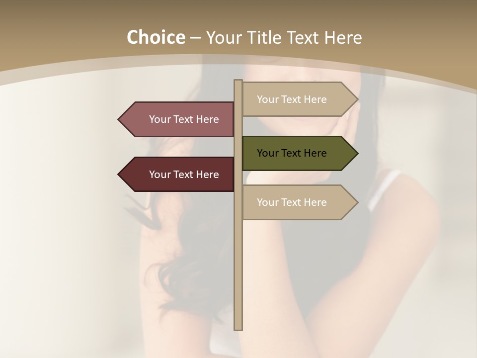 A Woman Sitting On A Table With Her Hand On Her Chin PowerPoint Template