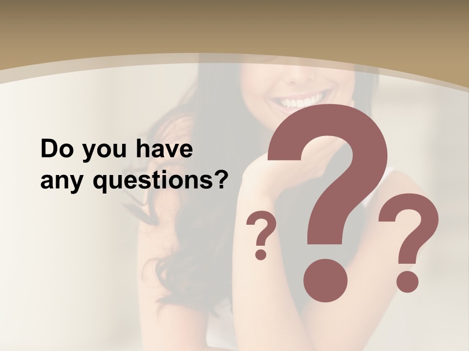 A Woman Sitting On A Table With Her Hand On Her Chin PowerPoint Template