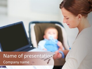 A Woman Holding A Baby In Her Lap While Looking At A Laptop PowerPoint Template