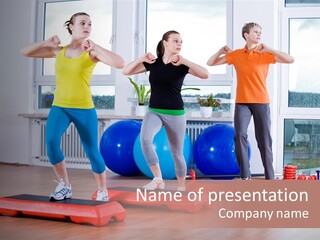 Young Women Exercising In A Step Aerobics Class PowerPoint Template