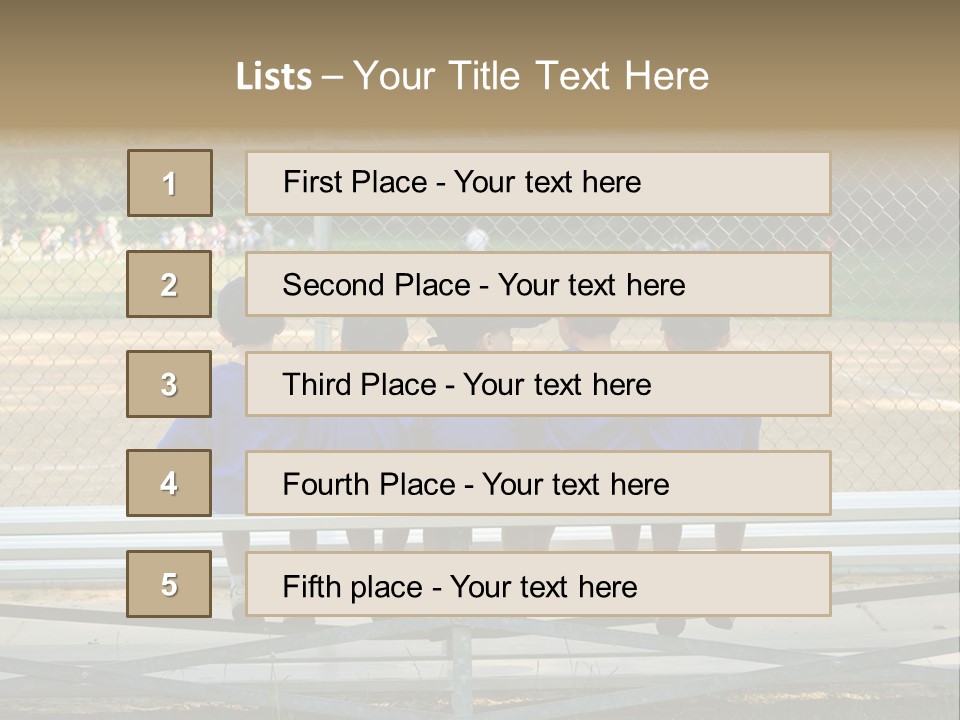 Five Little Boys Sit On A Bench And Wait For Their Baseball / T-Ball Game To Begin PowerPoint Template