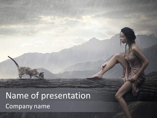 Young Woman And Cat On A Trunk PowerPoint Template