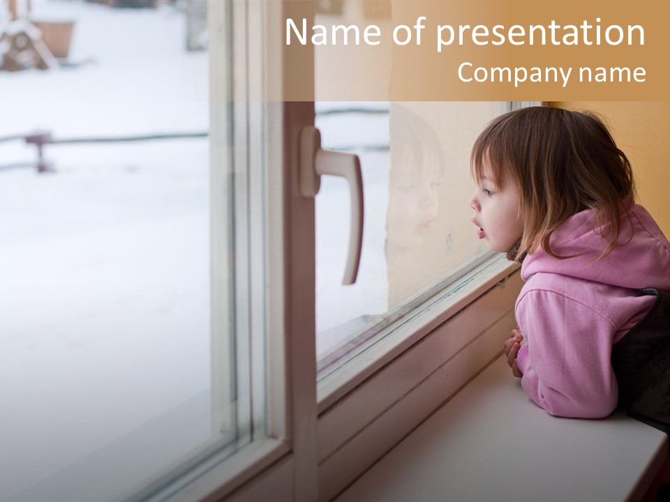 Little Beauty Girl Look Out Of The Window And Breathe On The Glass So That It Grow Misted. Winter. PowerPoint Template