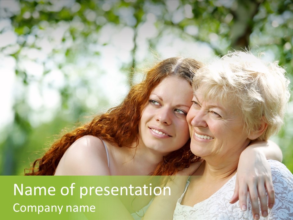 The Daughter And Elderly Mother In A Summer Garden PowerPoint Template