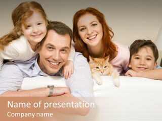 Portrait Of Siblings And Their Parents With Cute Cat Looking At Camera PowerPoint Template